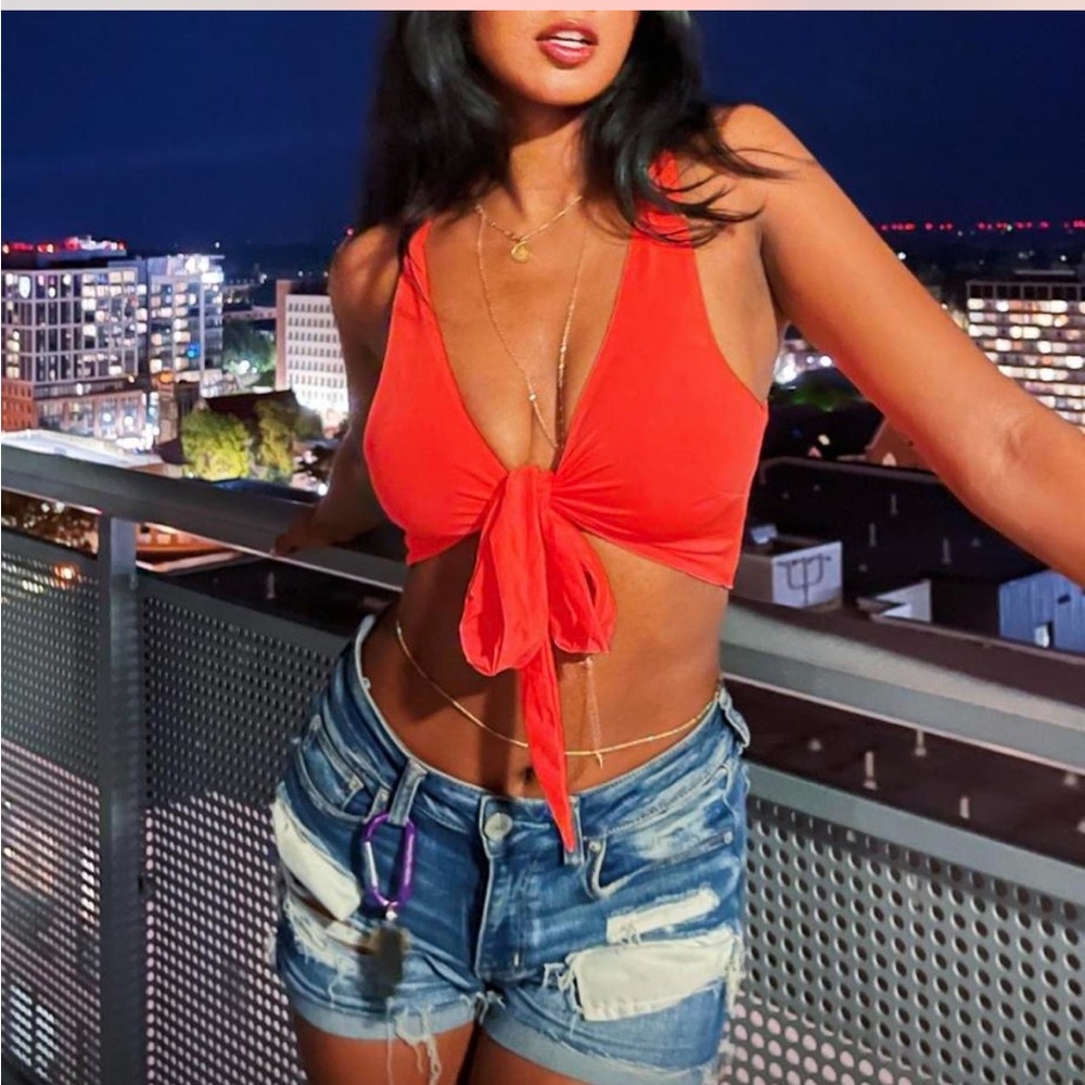 Tiger Mist Orange Sleeveless Tie-Front Tank Top